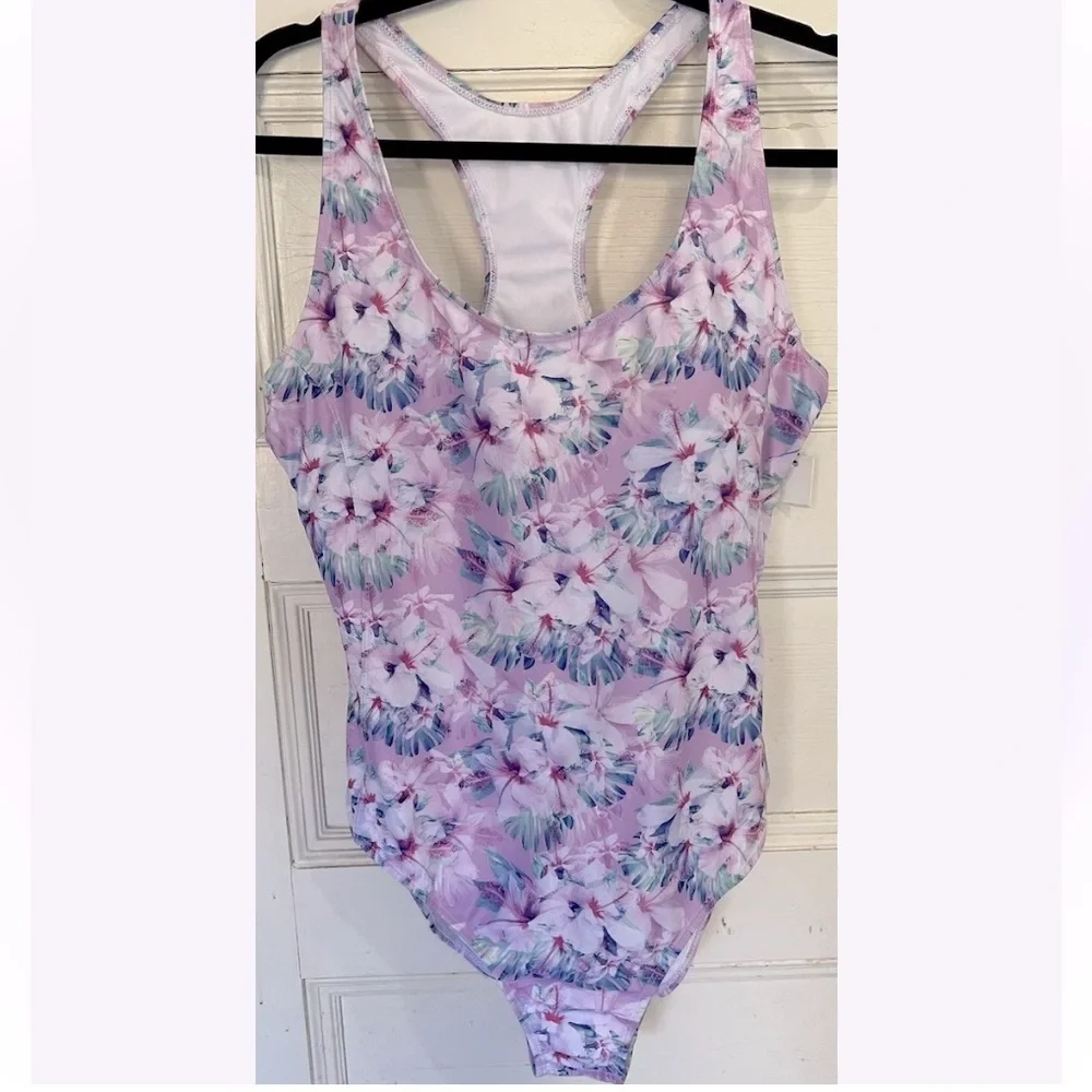 NICOLE MILLER Purple Periwinkle   Floral Racerback One Piece Swimsuit NWOT